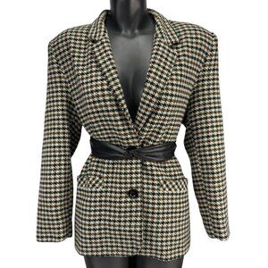 D'ALLAIRD'S VTG Academia Houndstooth Oversized Shoulderpads Green/Brown Blazer M